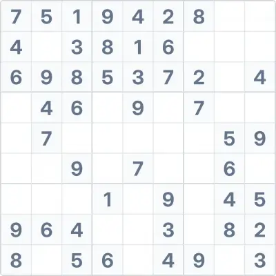 Судоку лёгкой сложности №74, 9x9, 35 пустых ячеек