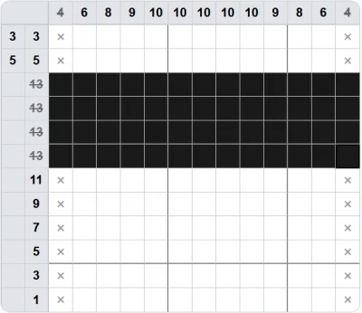 Four filled rows in the middle and crosses in the outer columns