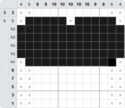 Rows 5 5 and 11 filled in, crosses in the columns with the number 6