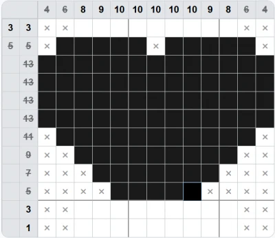 Lower part of the grid: rows 9, 7 and 5 filled, the shape narrowing toward the bottom